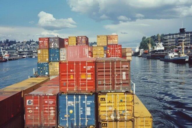 Chargement de conteneurs multicolores sur un cargo dans port animé