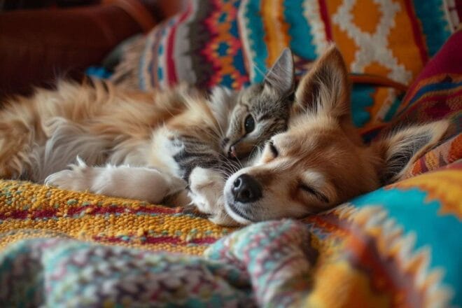Chien et chat enroulés sur canapé coloré