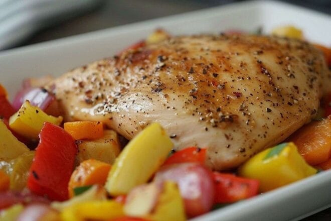 Image d'illustration. Filet de poulet juteux avec légumes rôtis colorés