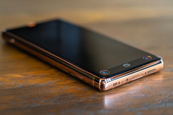 Image d'illustration. Gros plan d un smartphone éteint sur table en bois