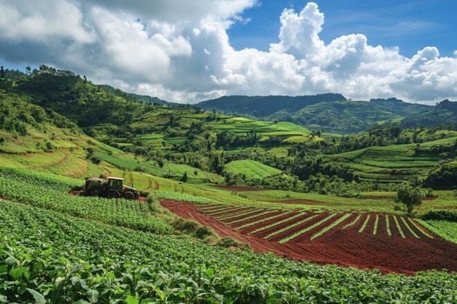 Image d'illustration. Paysage agricole luxuriant avec machines en action