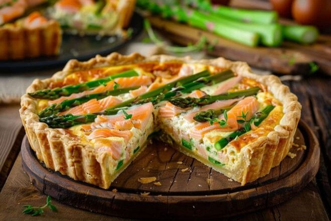 Image d'illustration. Tranche de quiche dorée avec asperges et saumon