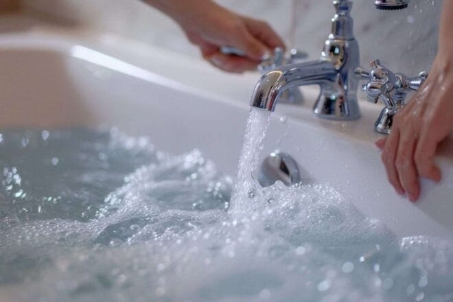 Image d'illustration. Une femme ferme le robinet de son bain