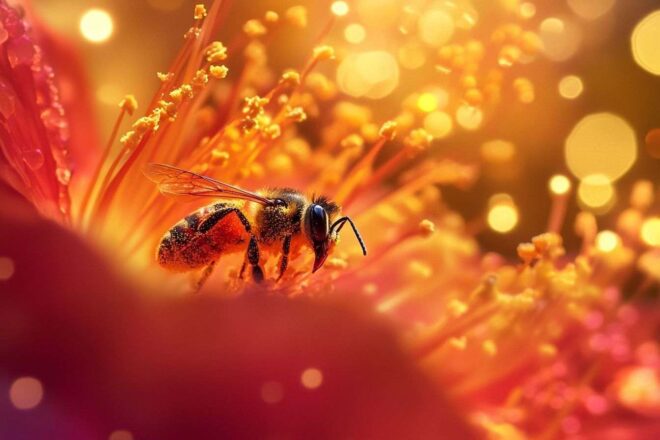 Image d'illustration. Abeille récoltant du pollen en macro