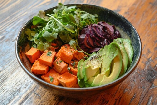 Image d'illustration. Bol vibrant avec avocats, patates douces et légumes verts