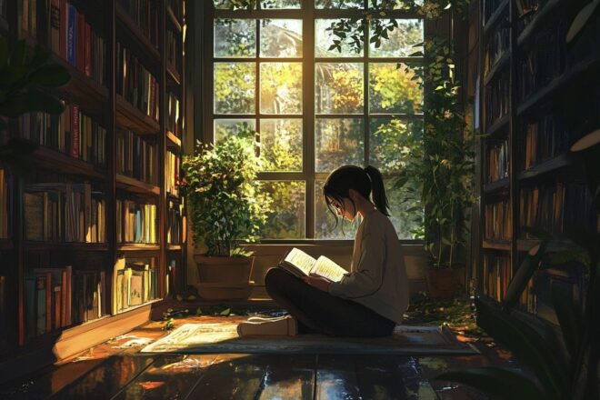 Image d'illustration. Coin serein de bibliothèque avec adolescent