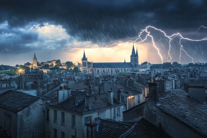 Image d'illustration. Éclair illuminant le ciel d une ville historique française