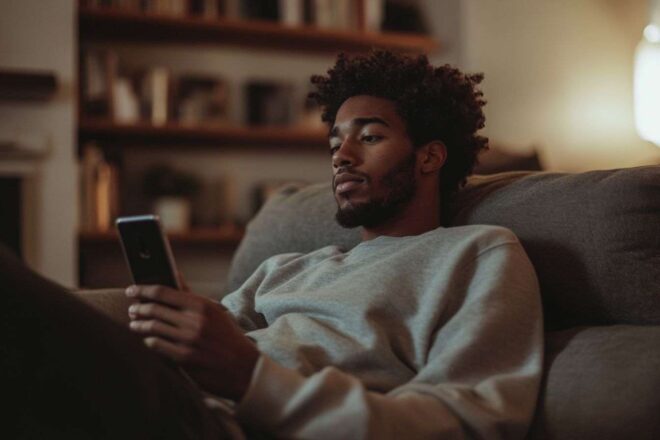 Image d'illustration. Homme sur canapé avec téléphone à la main
