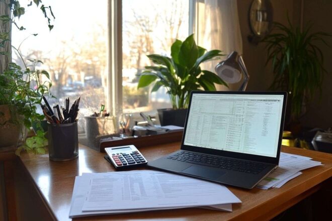 Image d'illustration. Ordinateur portable sur un bureau avec documents fiscaux