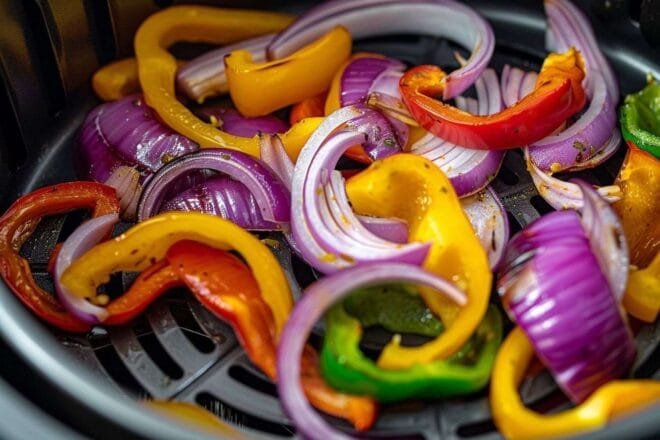 Image d'illustration. Poivrons et oignons colorés dans un appareil de type Air Fryer