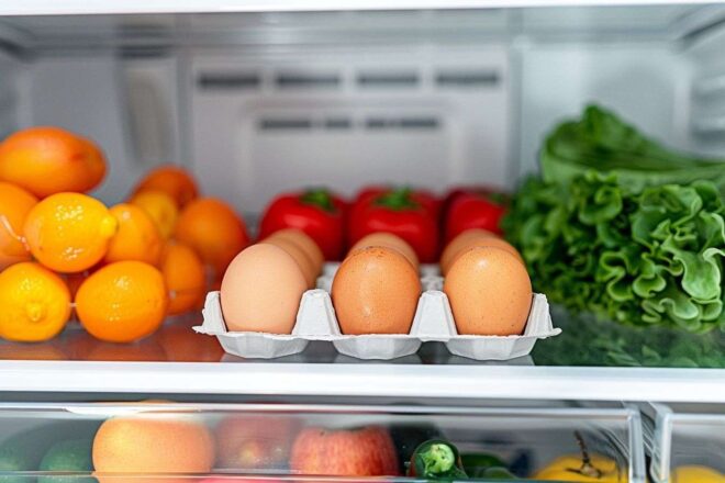 Image d'illustration. Œufs et légumes au réfrigérateur.