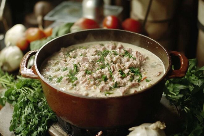 Image d'illustration. Ragoût de veau crémeux dans une marmite rustique