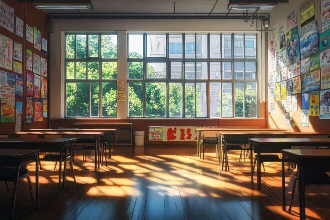 Image d'illustration. Salle de classe vide avec affiches colorées et lumière du soleil à travers grandes fenêtres