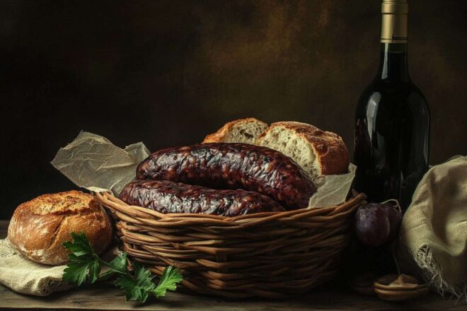 Image d'illustration. Saucisse de foie rustique dans un panier avec pain et vin