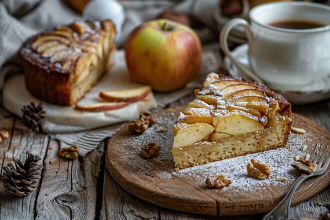 Image d'illustration. Tranche de gâteau aux pommes et noisettes
