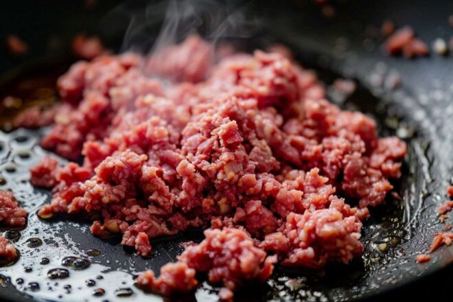 Image d'illustration. Viande hachée grésillante dans une poêle