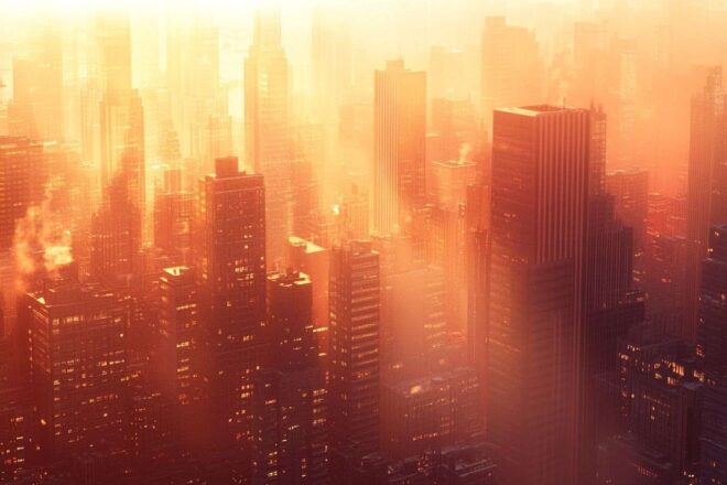 Image d'illustration. Vue aérienne de la skyline d une ville sous brume de chaleur