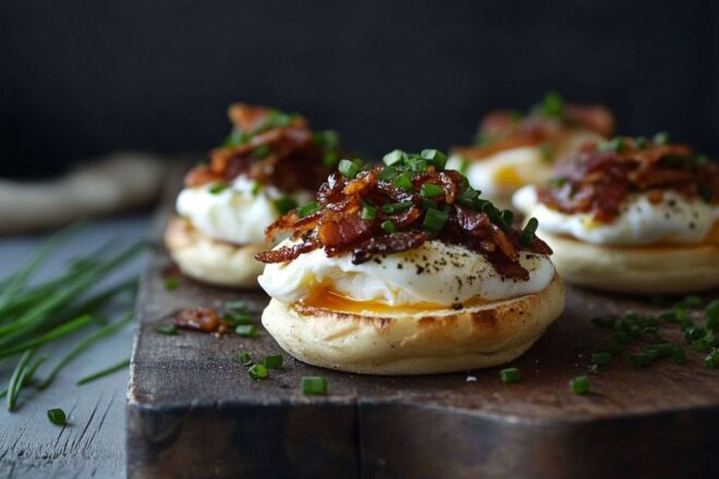 Image d'illustration. Vue latérale d œufs pochés sur muffin anglais