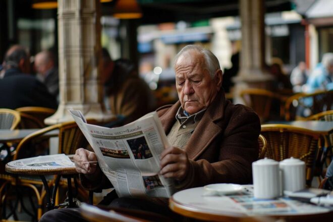 Image d'illustration. Un homme assis à un café Parisien consulte le journal