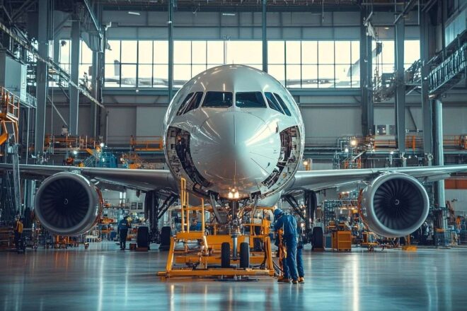 Image d'illustration. Assemblage d un airbus en hangar moderne