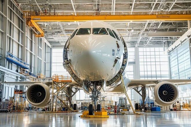 Image d'illustration. Assemblage d un airbus en hangar moderne