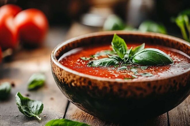 Bol rustique de soupe à la tomate