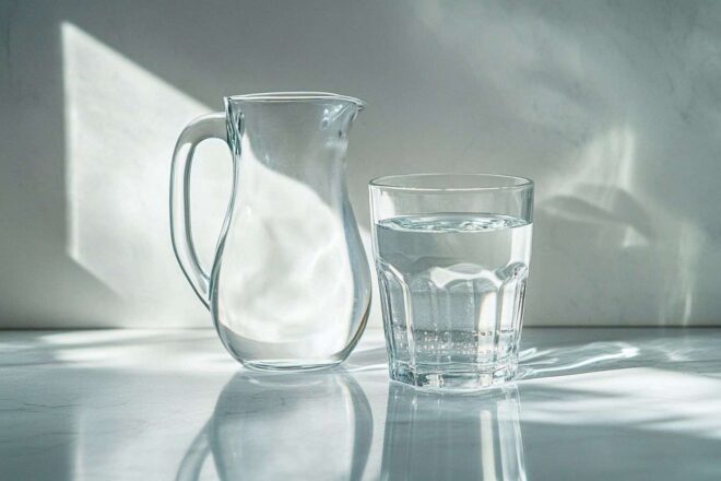 Image d'illustration. Composition minimaliste verre vide et carafe pleine
