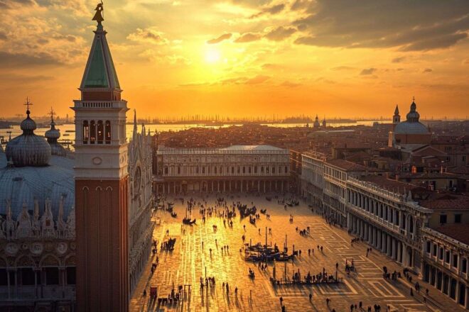 Image d'illustration. Coucher de soleil sur la place saint marc à venise