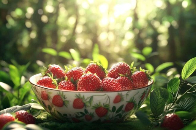 Image d'illustration. Fraises rouges vives au soleil doux