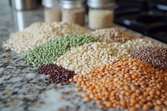 Image d'illustration. Grains et légumes multicolores sur comptoir de cuisine