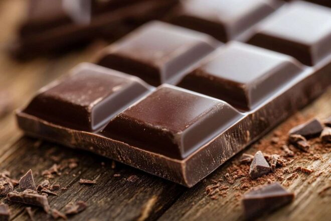 Image d'illustration. Gros plan de barre chocolatée sur table en bois