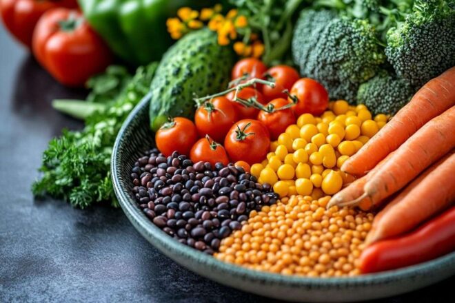 Image d'illustration. Gros plan de légumes, légumineuses, et grains vibrants