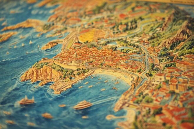 Image d'illustration. Gros plan d une carte routière vintage de la côte d azur