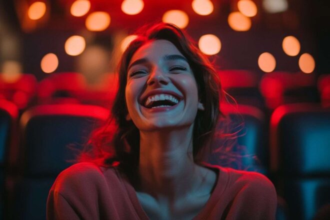 Image d'illustration. Gros plan d une personne riant joyeusement au cinéma
