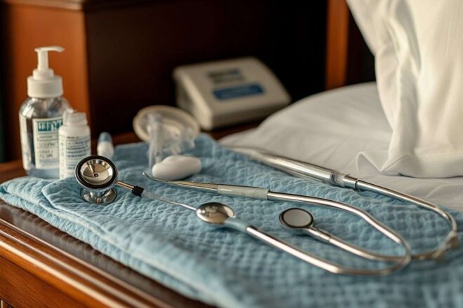 Image d'illustration. Gros plan sur des outils infirmiers sur une table de chevet