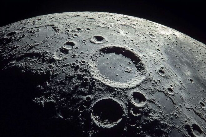 Image d'illustration. Gros plan sur la surface de la lune avec cratères et poussière
