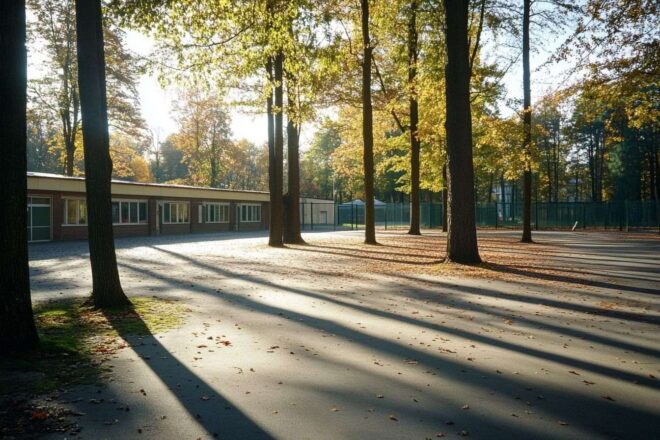 Image d'illustration. Image scolaire en plein air avec ombrages naturels et arbres majestueux
