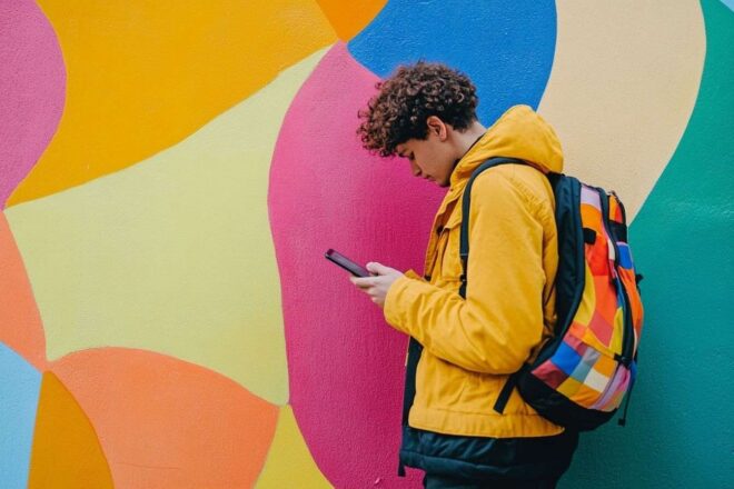 Image d'illustration. Jeune personne appuyée contre un mur coloré