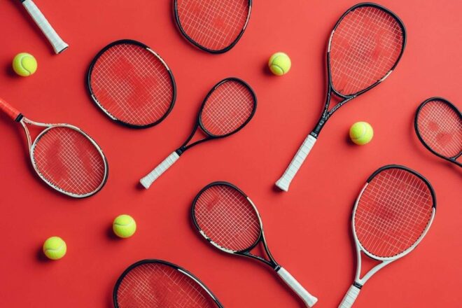 Image d'illustration. Raquettes de tennis et balles sur surface rouge