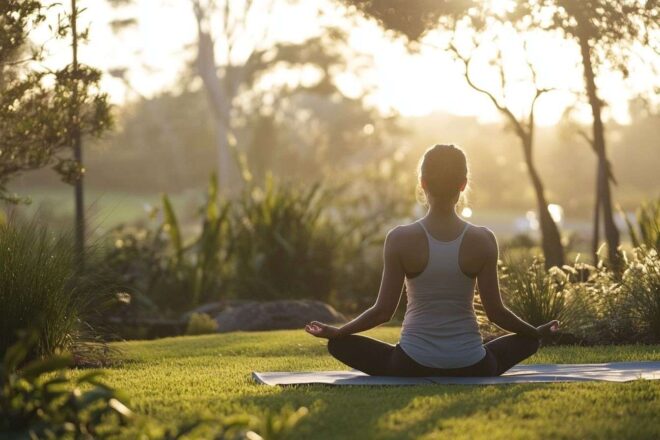 Séance de yoga en plein air au lever du soleil