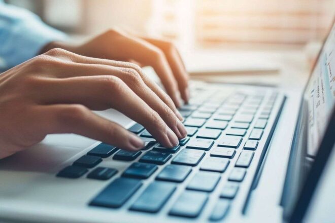 Image d'illustration. Taper sur un clavier pour naviguer des services fiscaux en ligne