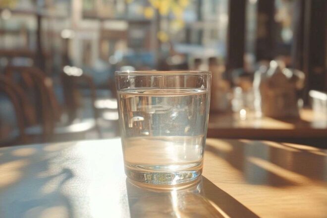 Verre d eau au café en gros plan