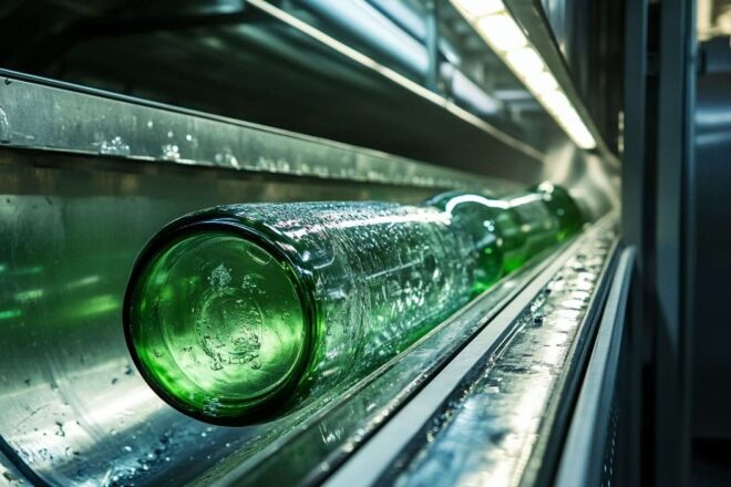 Image d'illustration. Vue d une bouteille en verre glissant dans une station de recyclage moderne