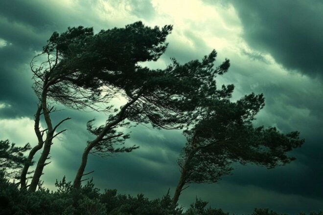 Image d'illustration. Arbres jeunes pliés sous le vent