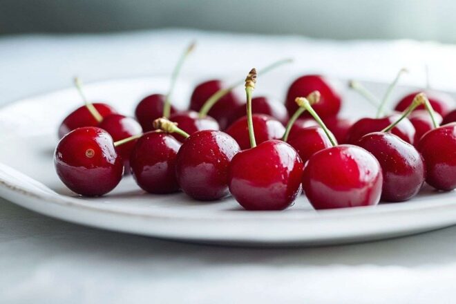 Cerises éparpillées sur une assiette blanche, mettant en valeur leur peau brillante et leur couleur luxuriante.