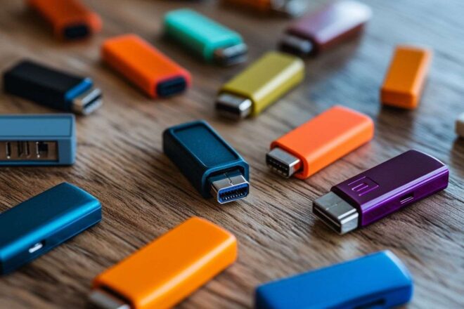 Image d'illustration. Collection de clés usb colorées sur table en bois