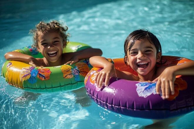 Image d'illustration. Enfants riant avec des jouets gonflables dans la piscine