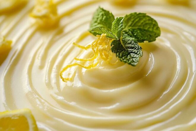 Un délicieux gros plan d'un posset crémeux au citron orné d'un tourbillon de zeste de citron et de feuilles de menthe.