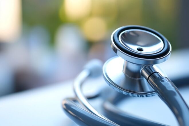 Gros plan des embouts d'un stéthoscope avec une scène floue d'hôpital en arrière-plan.