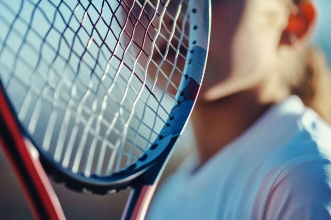 Image d'illustration. Gros plan d une raquette de tennis serrée par un jeune athlète